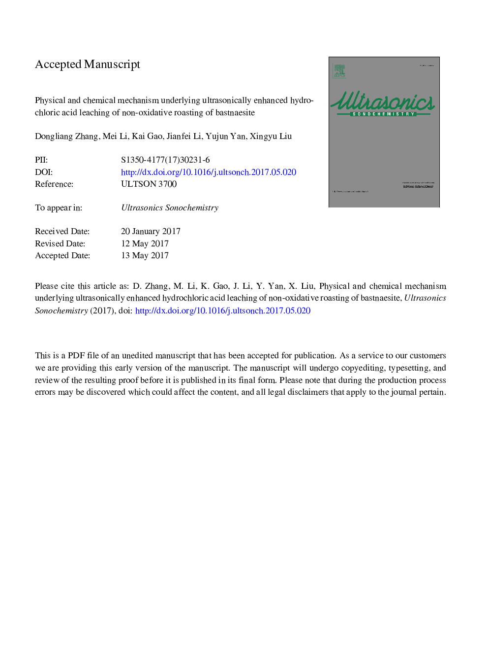 Physical and chemical mechanism underlying ultrasonically enhanced hydrochloric acid leaching of non-oxidative roasting of bastnaesite