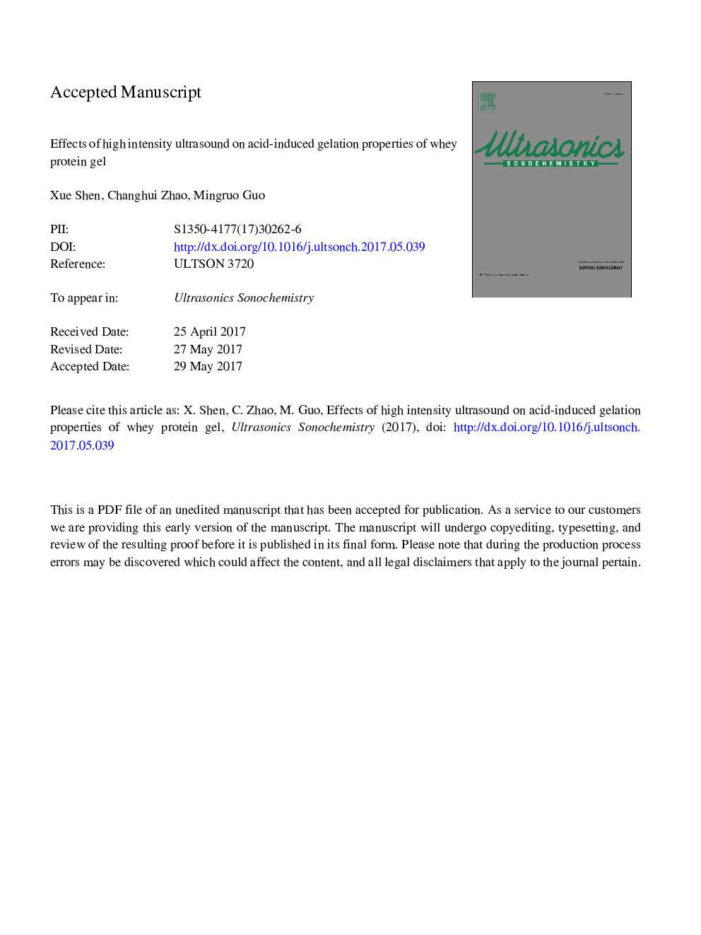 Effects of high intensity ultrasound on acid-induced gelation properties of whey protein gel