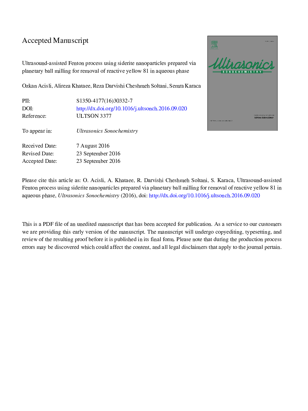 Ultrasound-assisted Fenton process using siderite nanoparticles prepared via planetary ball milling for removal of reactive yellow 81 in aqueous phase