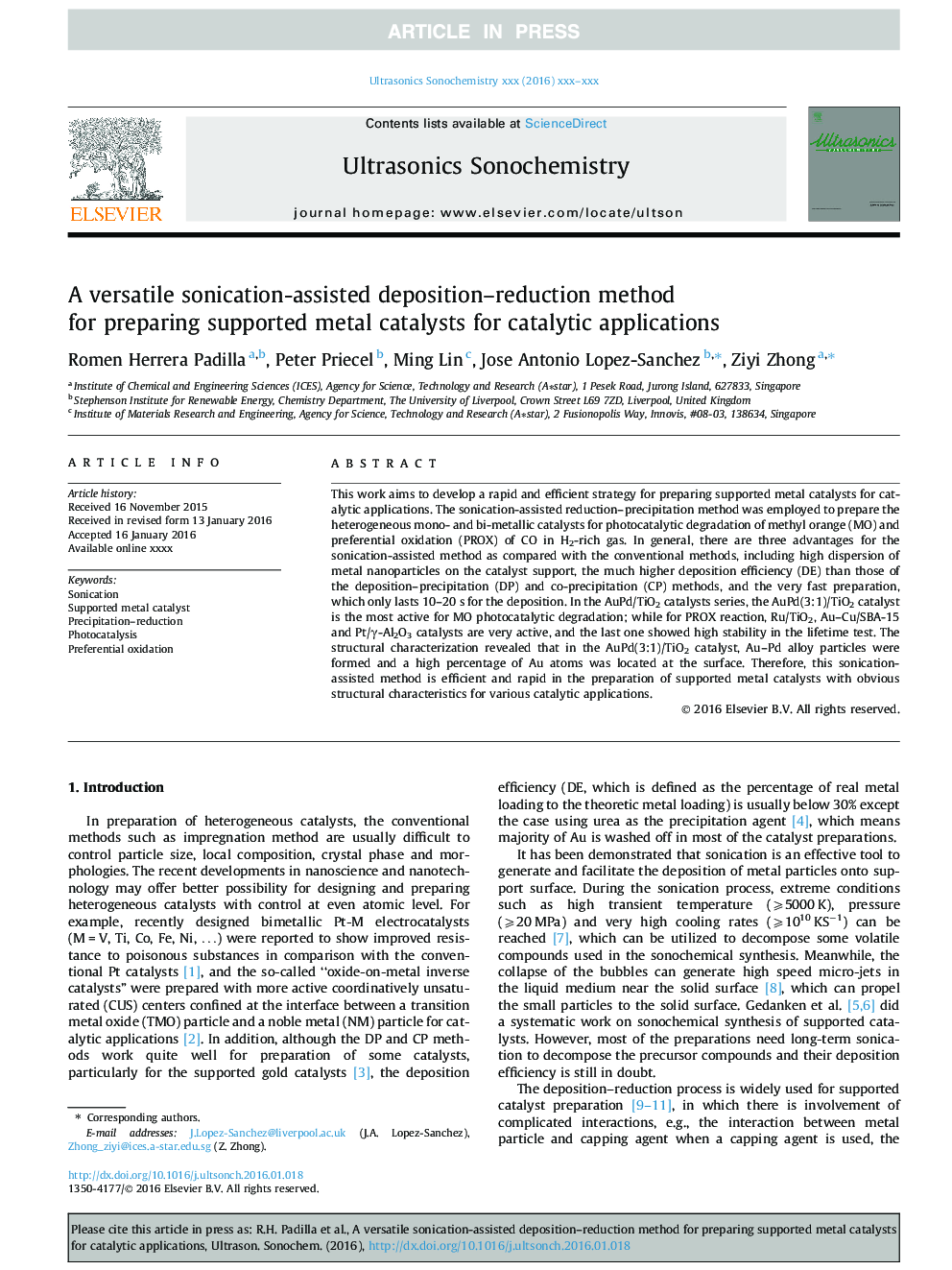 A versatile sonication-assisted deposition-reduction method for preparing supported metal catalysts for catalytic applications