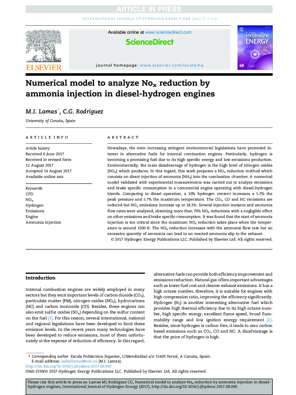 Numerical model to analyze Nox reduction by ammonia injection in diesel-hydrogen engines