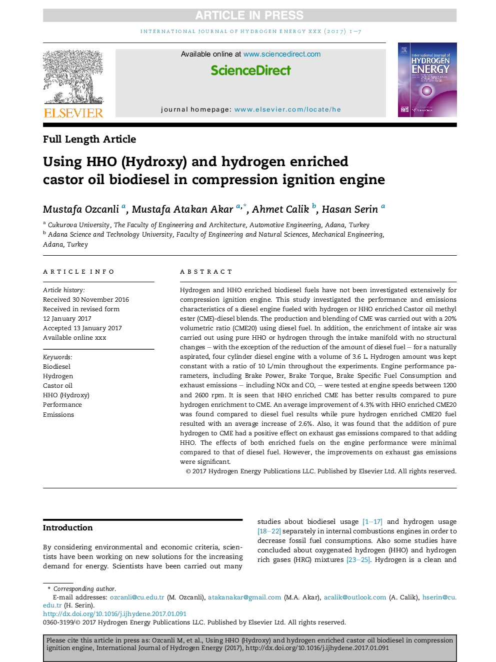 Using HHO (Hydroxy) and hydrogen enriched castor oil biodiesel in compression ignition engine