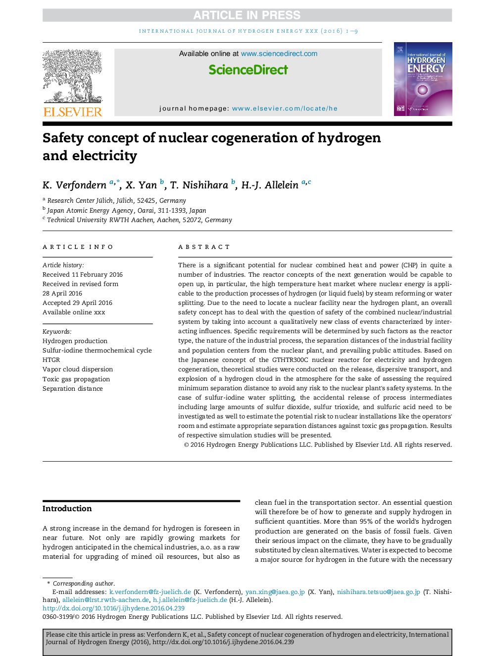 Safety concept of nuclear cogeneration of hydrogen and electricity