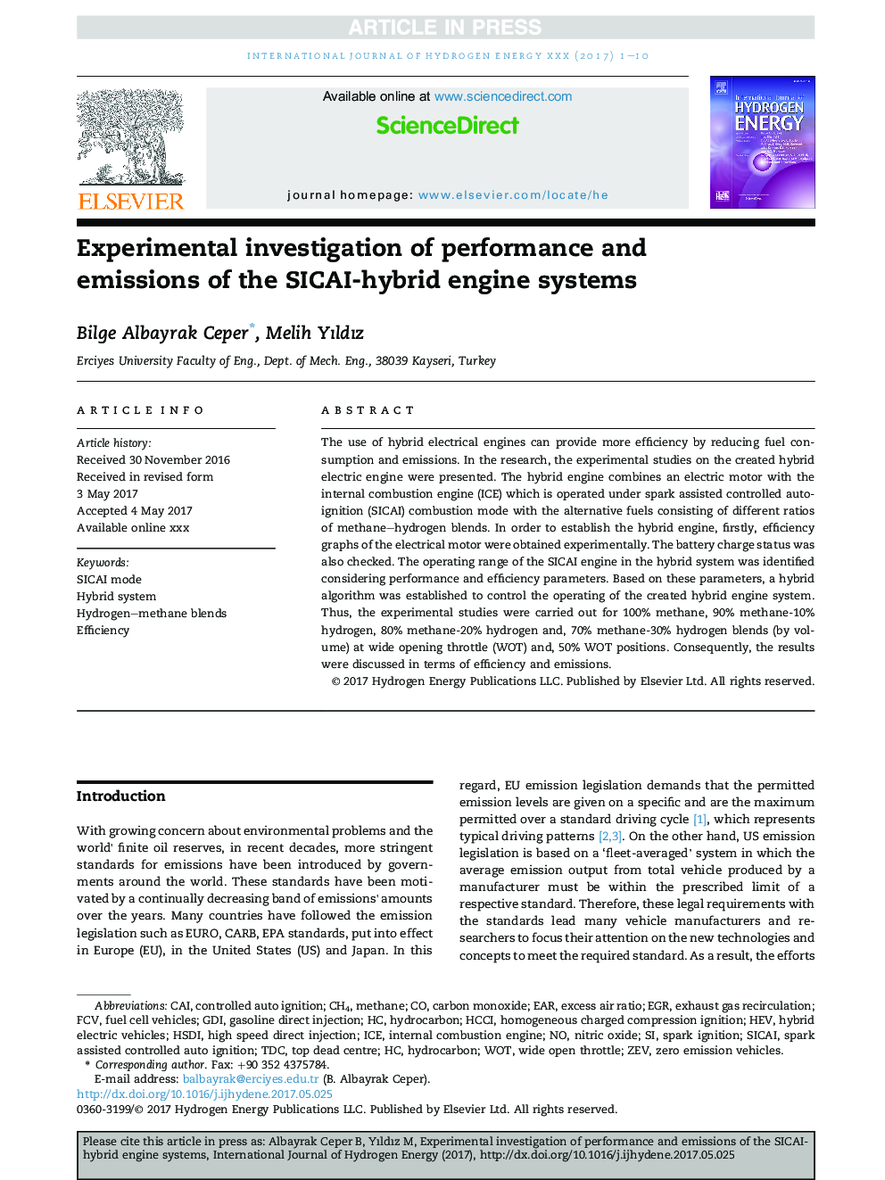Experimental investigation of performance and emissions of the SICAI-hybrid engine systems