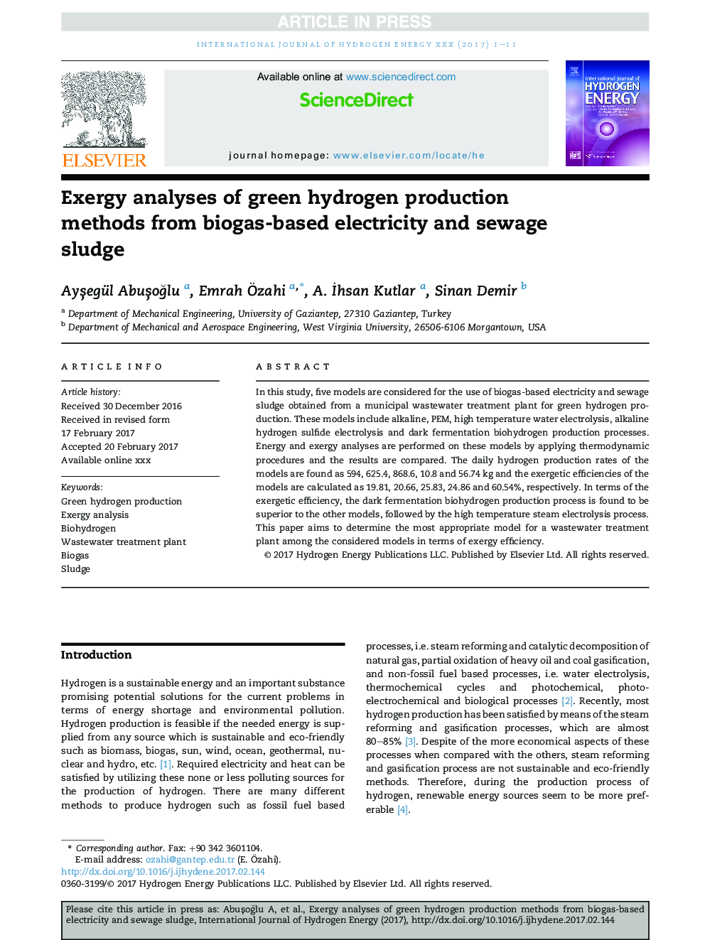 Exergy analyses of green hydrogen production methods from biogas-based electricity and sewage sludge
