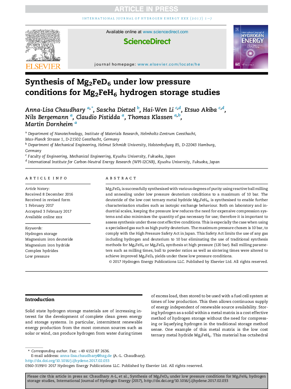 Synthesis of Mg2FeD6 under low pressure conditions for Mg2FeH6 hydrogen storage studies