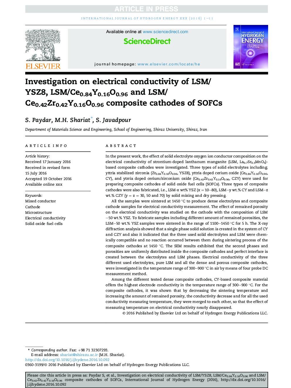 Investigation on electrical conductivity of LSM/YSZ8, LSM/Ce0.84Y0.16O0.96 and LSM/Ce0.42Zr0.42Y0.16O0.96 composite cathodes of SOFCs