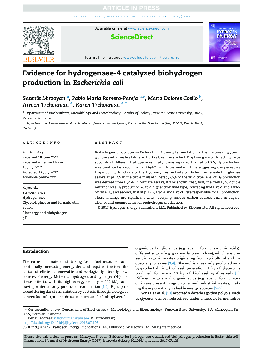 Evidence for hydrogenase-4 catalyzed biohydrogen production in Escherichia coli