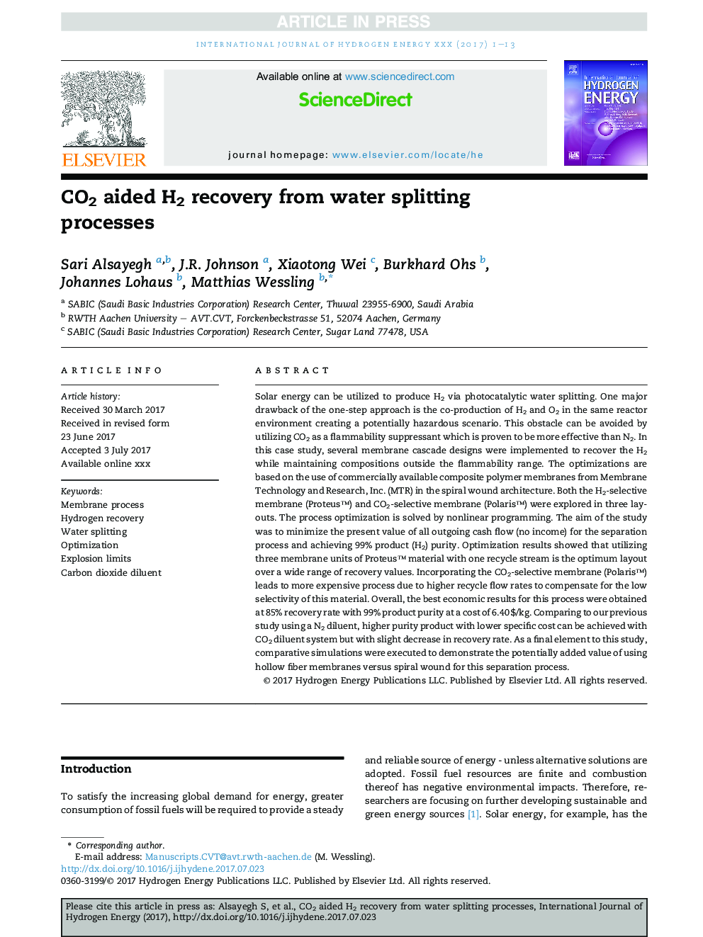 CO2 aided H2 recovery from water splitting processes