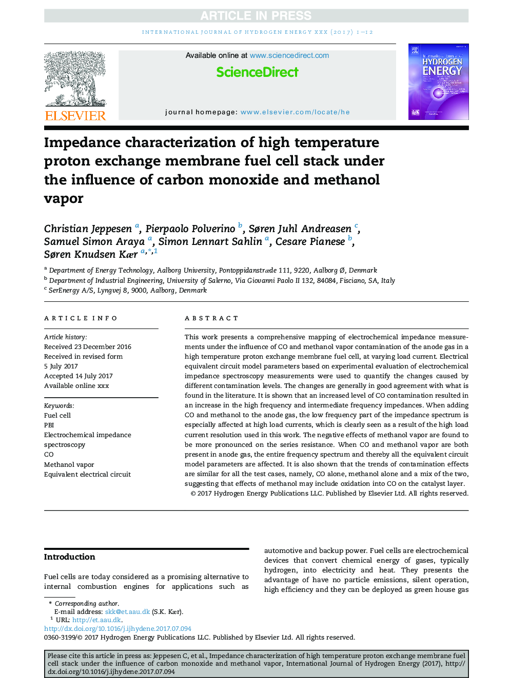 Impedance characterization of high temperature proton exchange membrane fuel cell stack under the influence of carbon monoxide and methanol vapor
