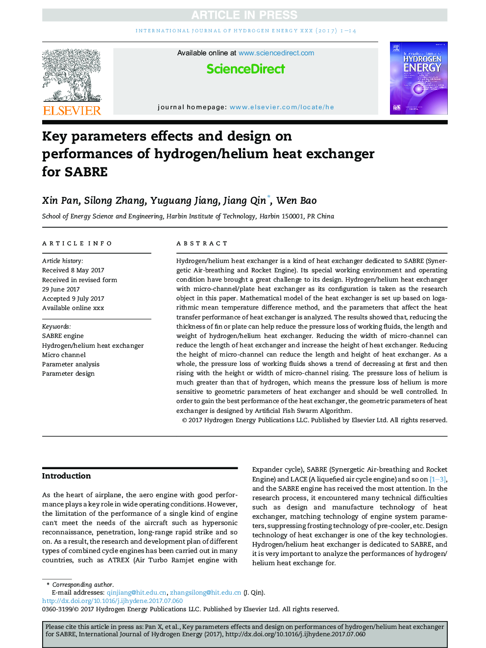 Key parameters effects and design on performances of hydrogen/helium heat exchanger for SABRE