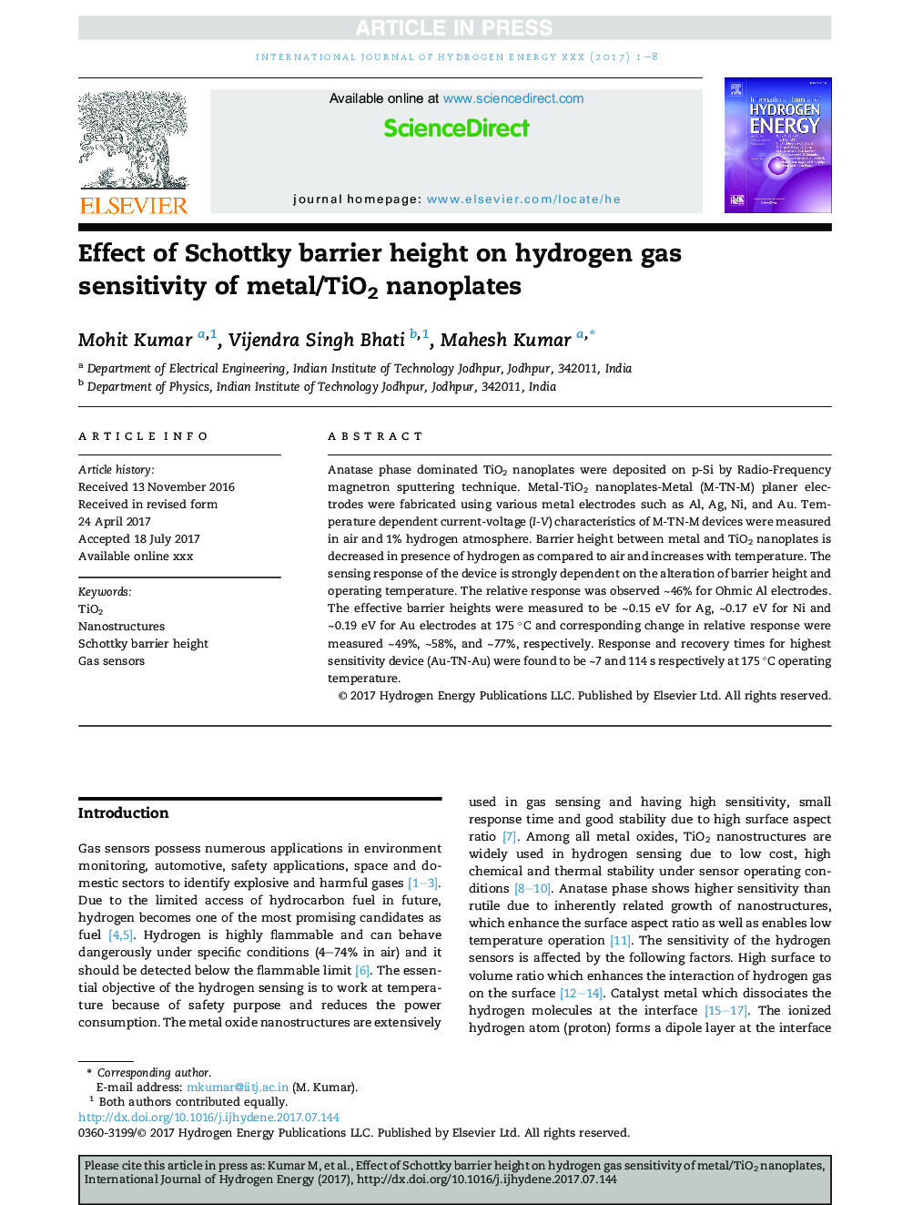Effect of Schottky barrier height on hydrogen gas sensitivity of metal/TiO2 nanoplates