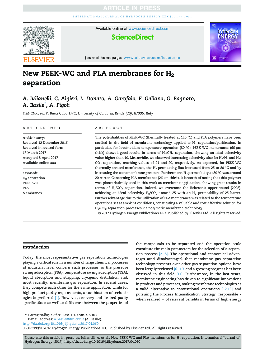 New PEEK-WC and PLA membranes for H2 separation