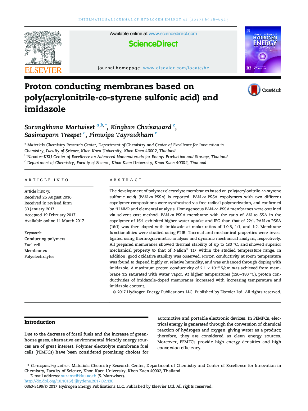 Proton conducting membranes based on poly(acrylonitrile-co-styrene sulfonic acid) and imidazole