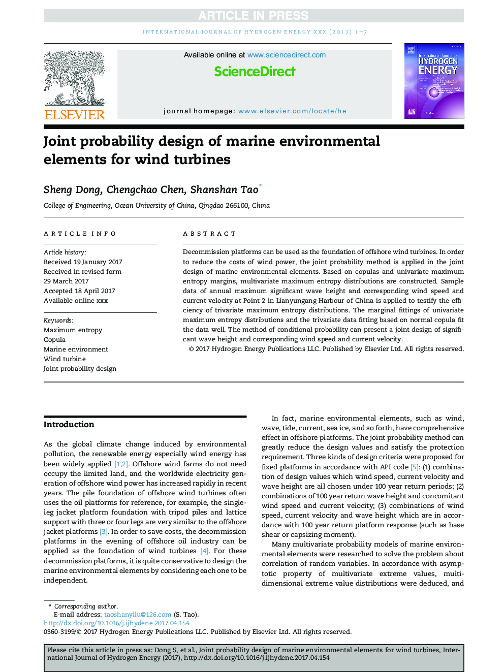 Joint probability design of marine environmental elements for wind turbines