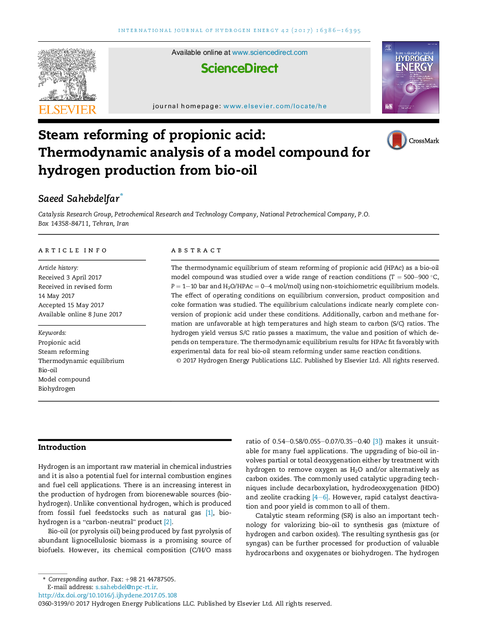 Steam reforming of propionic acid: Thermodynamic analysis of a model compound for hydrogen production from bio-oil