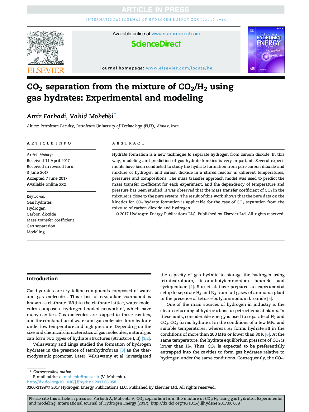 CO2 separation from the mixture of CO2/H2 using gas hydrates: Experimental and modeling