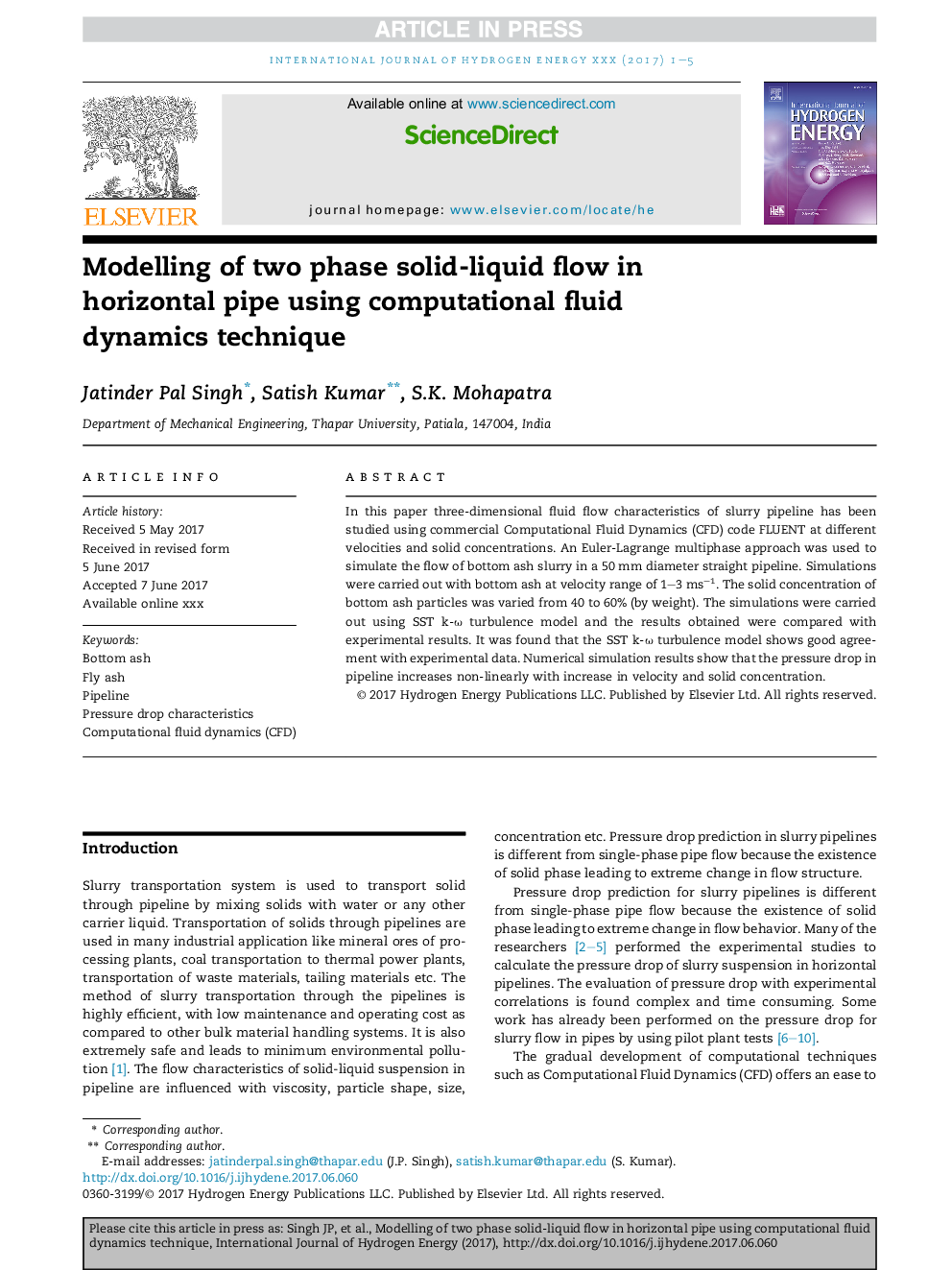 Modelling of two phase solid-liquid flow in horizontal pipe using computational fluid dynamics technique