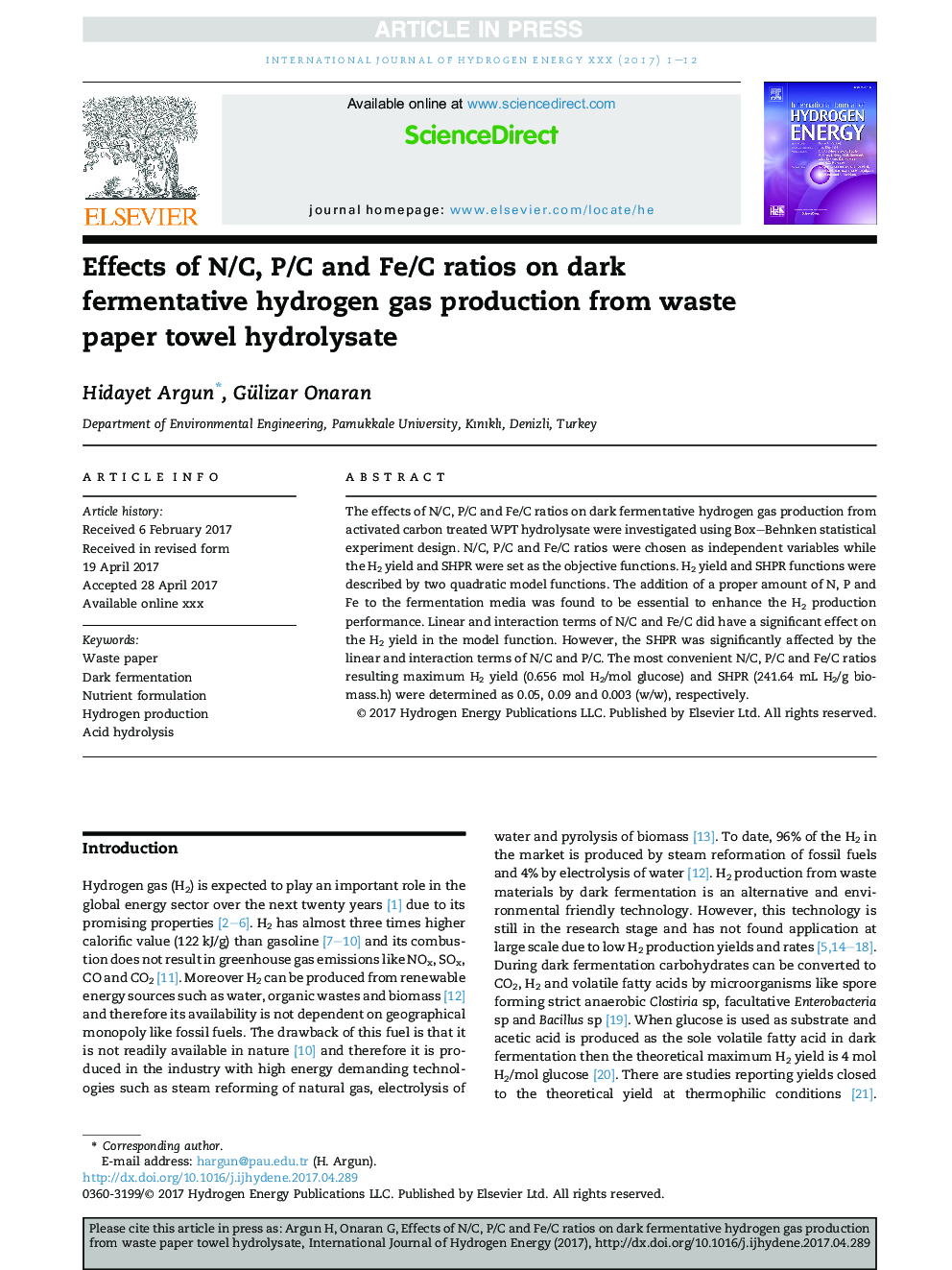 Effects of N/C, P/C and Fe/C ratios on dark fermentative hydrogen gas production from waste paper towel hydrolysate