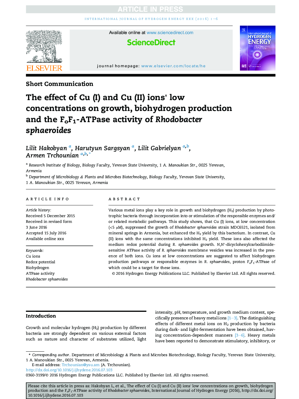 The effect of Cu (I) and Cu (II) ions' low concentrations on growth, biohydrogen production and the FoF1-ATPase activity of Rhodobacter sphaeroides
