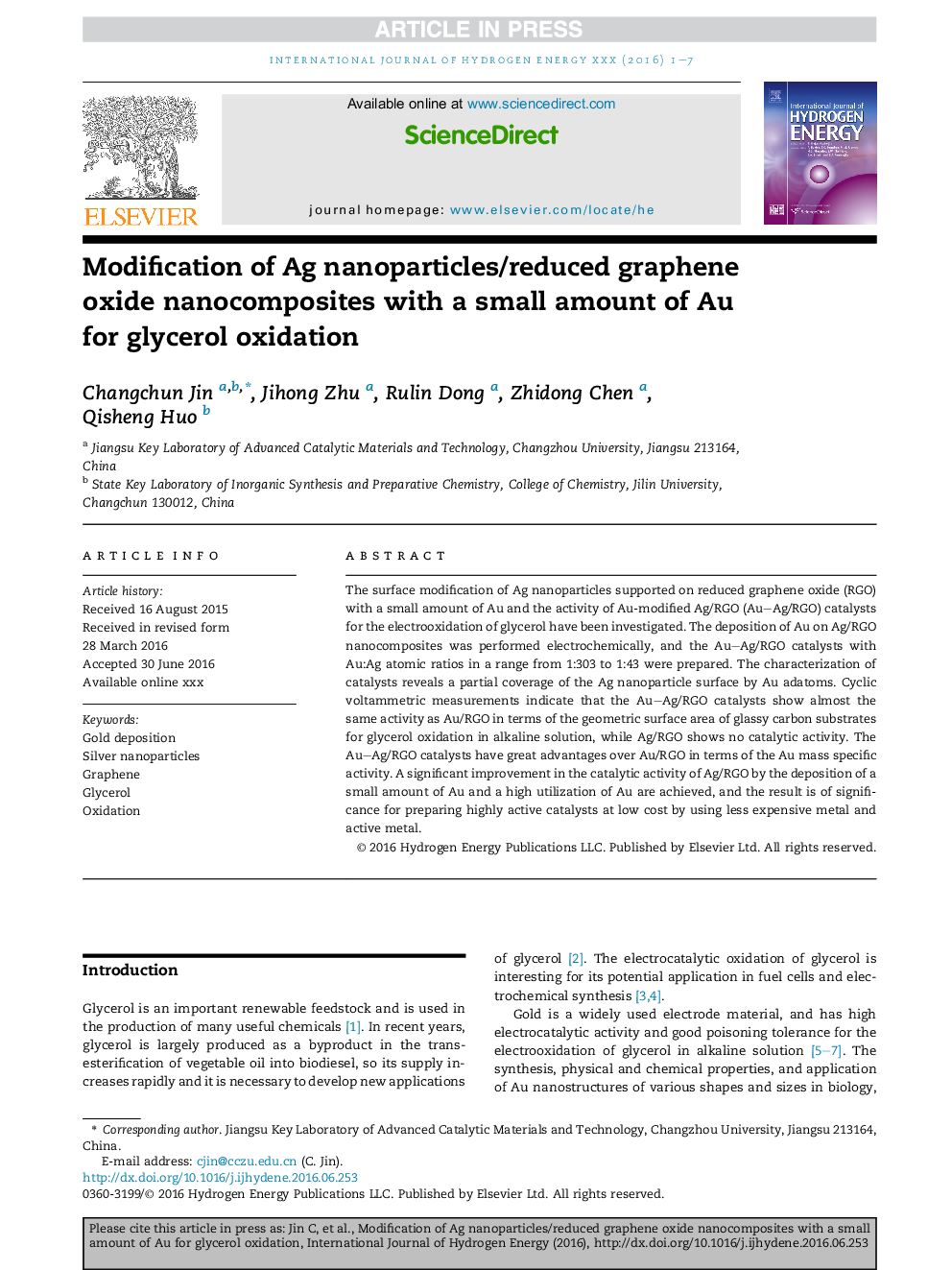 Modification of Ag nanoparticles/reduced graphene oxide nanocomposites with a small amount of Au for glycerol oxidation