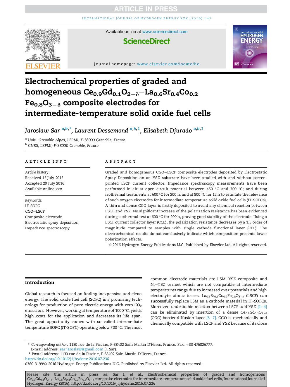 Electrochemical properties of graded and homogeneous Ce0.9Gd0.1O2âÎ´-La0.6Sr0.4Co0.2Fe0.8O3âÎ´ composite electrodes for intermediate-temperature solid oxide fuel cells