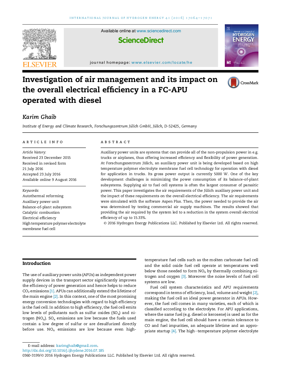 Investigation of air management and its impact on the overall electrical efficiency in a FC-APU operated with diesel