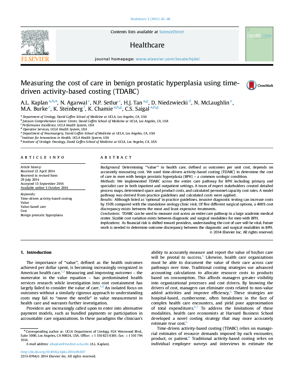 Measuring the cost of care in benign prostatic hyperplasia using time-driven activity-based costing (TDABC)