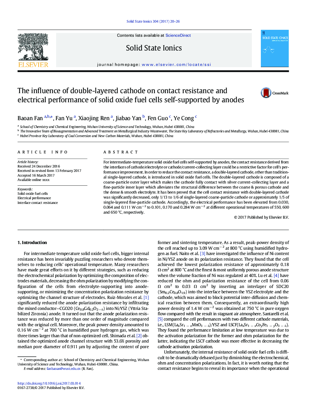 The influence of double-layered cathode on contact resistance and electrical performance of solid oxide fuel cells self-supported by anodes