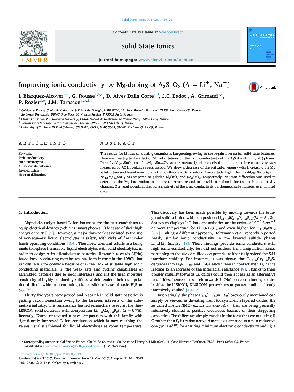 Improving ionic conductivity by Mg-doping of A2SnO3 (AÂ =Â Li+, Na+)