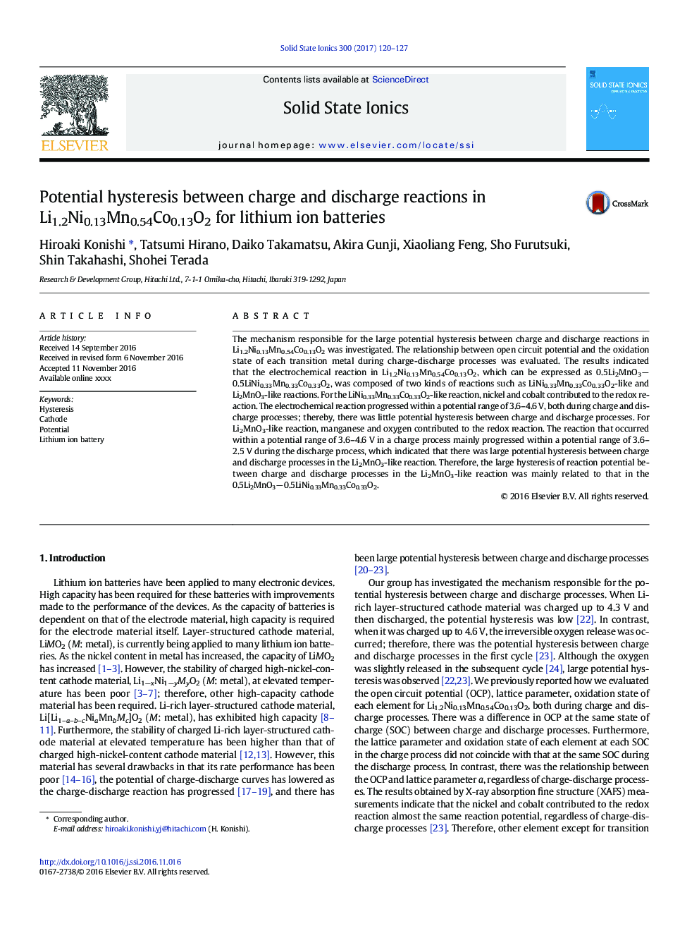 Potential hysteresis between charge and discharge reactions in Li1.2Ni0.13Mn0.54Co0.13O2 for lithium ion batteries