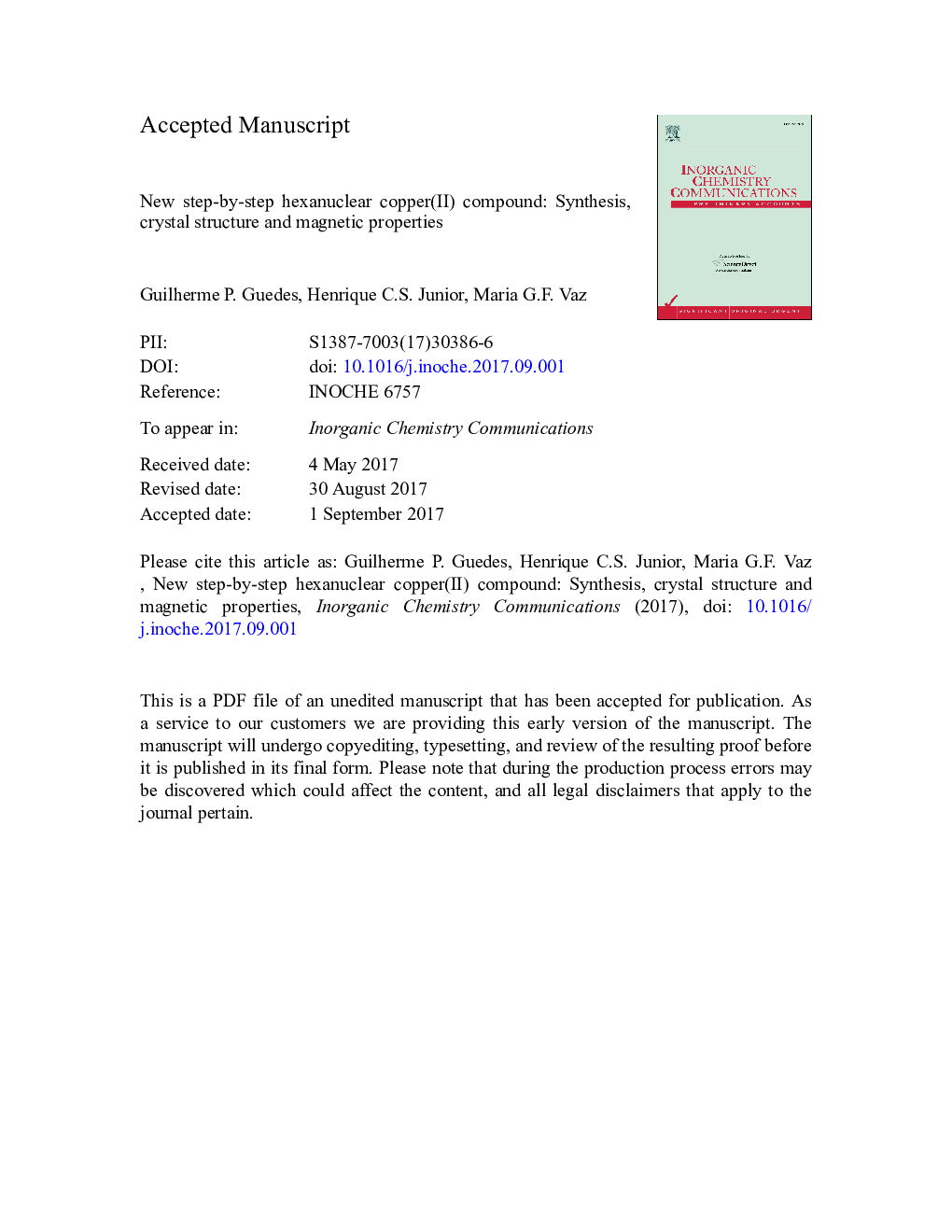 New step-by-step hexanuclear copper(II) compound: Synthesis, crystal structure and magnetic properties