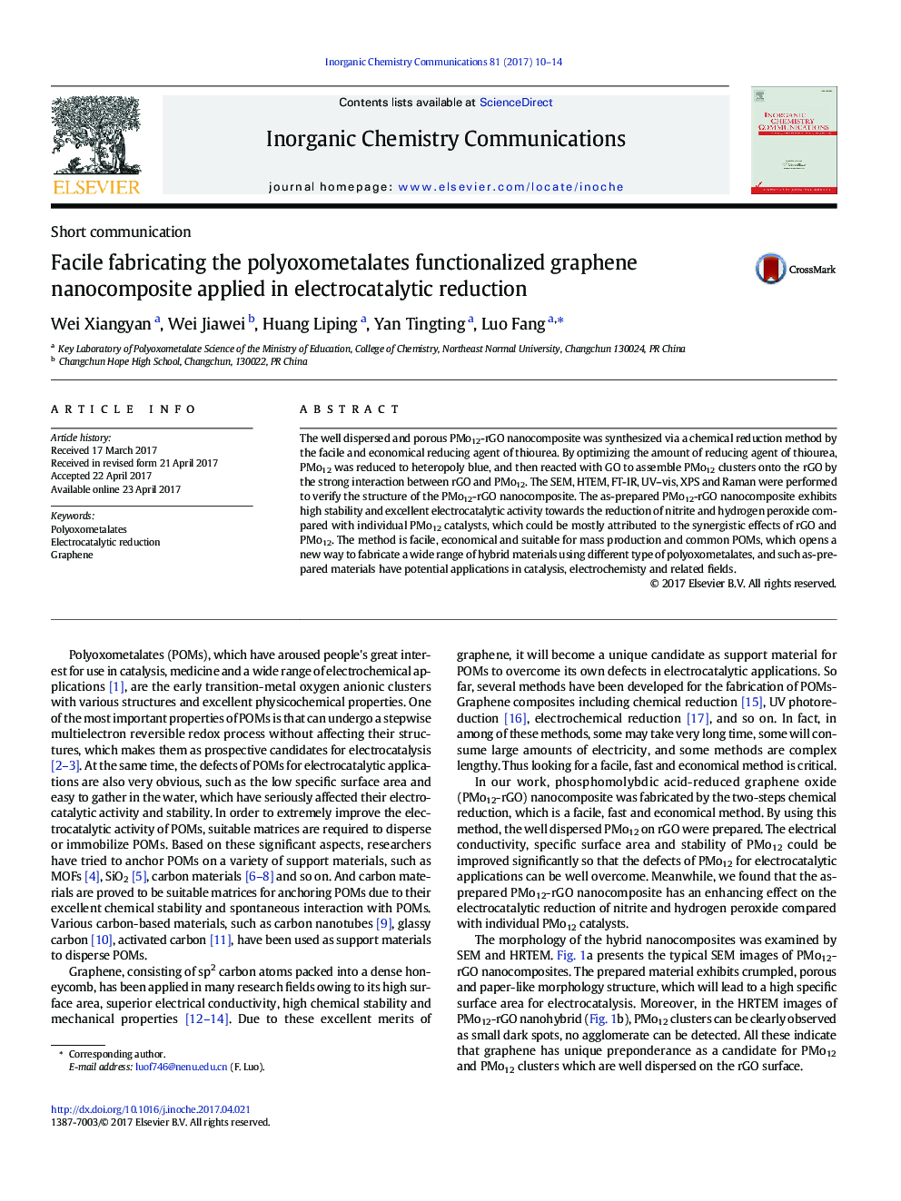 Facile fabricating the polyoxometalates functionalized graphene nanocomposite applied in electrocatalytic reduction