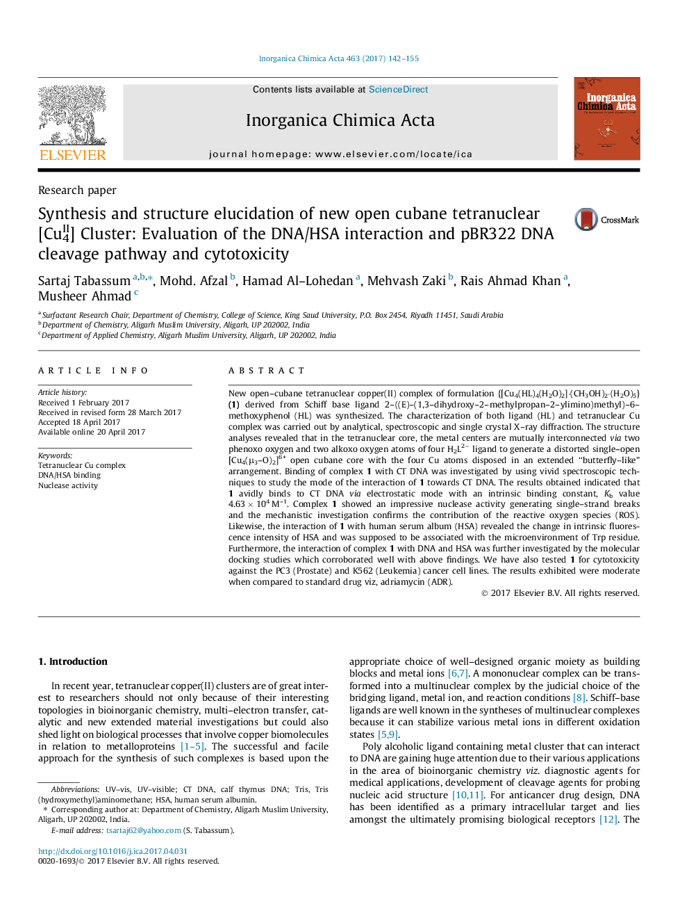 Synthesis and structure elucidation of new open cubane tetranuclear [CuII4] Cluster: Evaluation of the DNA/HSA interaction and pBR322 DNA cleavage pathway and cytotoxicity