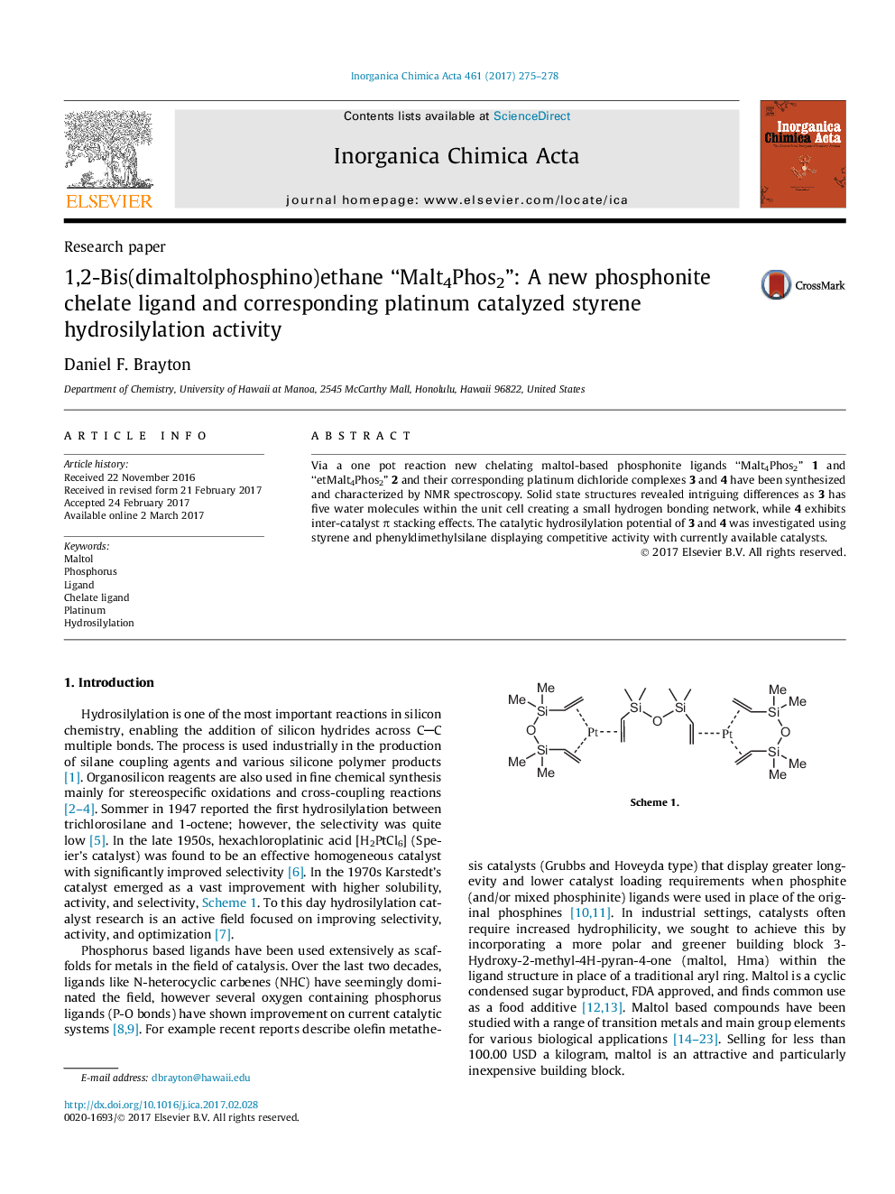 1,2-Bis(dimaltolphosphino)ethane “Malt4Phos2”: A new phosphonite chelate ligand and corresponding platinum catalyzed styrene hydrosilylation activity