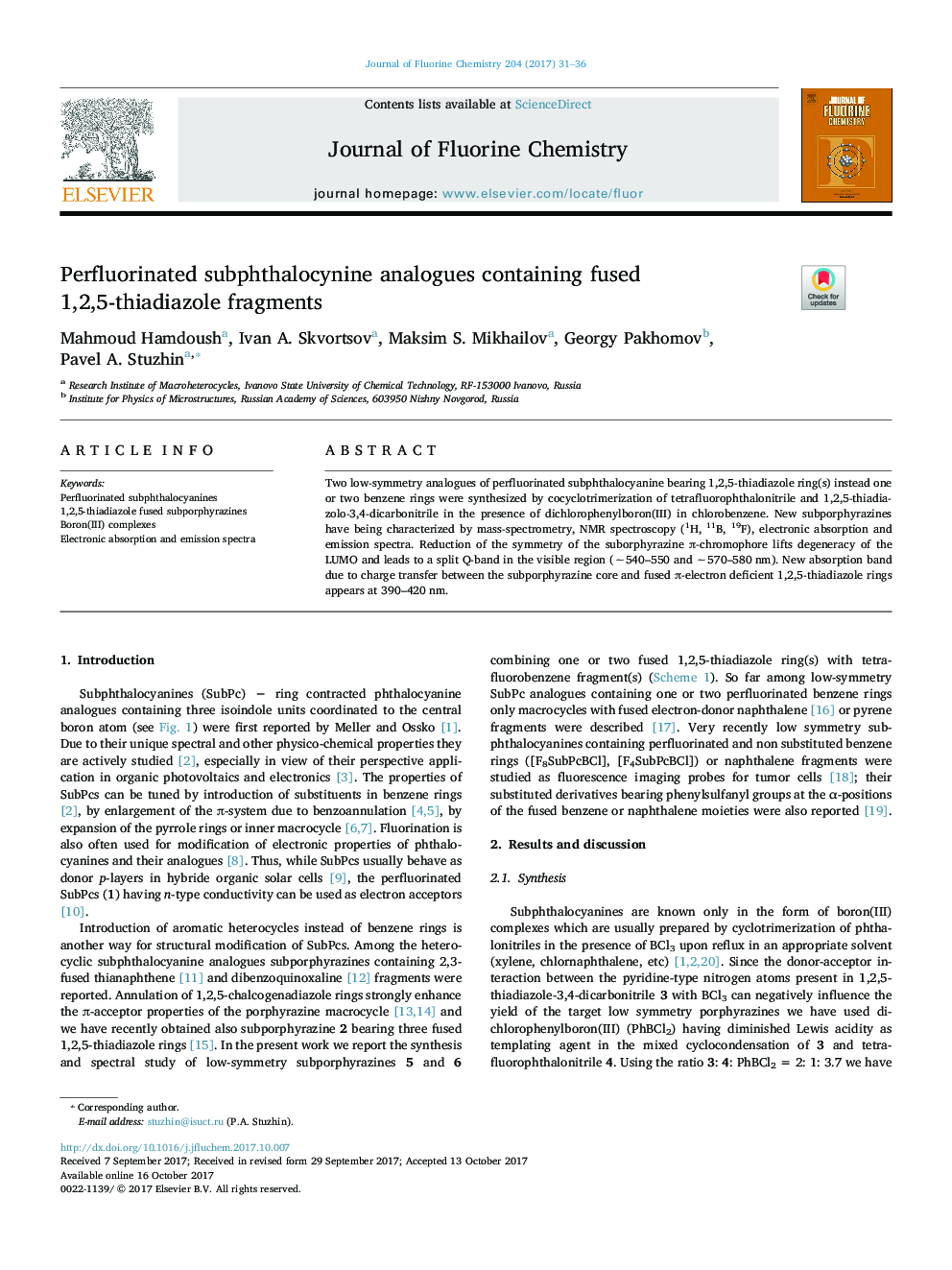 Perfluorinated subphthalocynine analogues containing fused 1,2,5-thiadiazole fragments