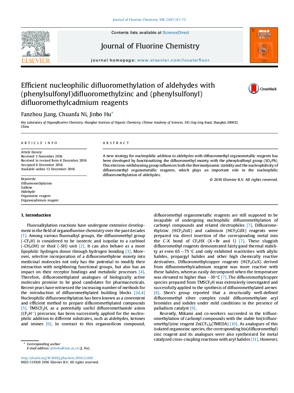 Efficient nucleophilic difluoromethylation of aldehydes with (phenylsulfonyl)difluoromethylzinc and (phenylsulfonyl)difluoromethylcadmium reagents