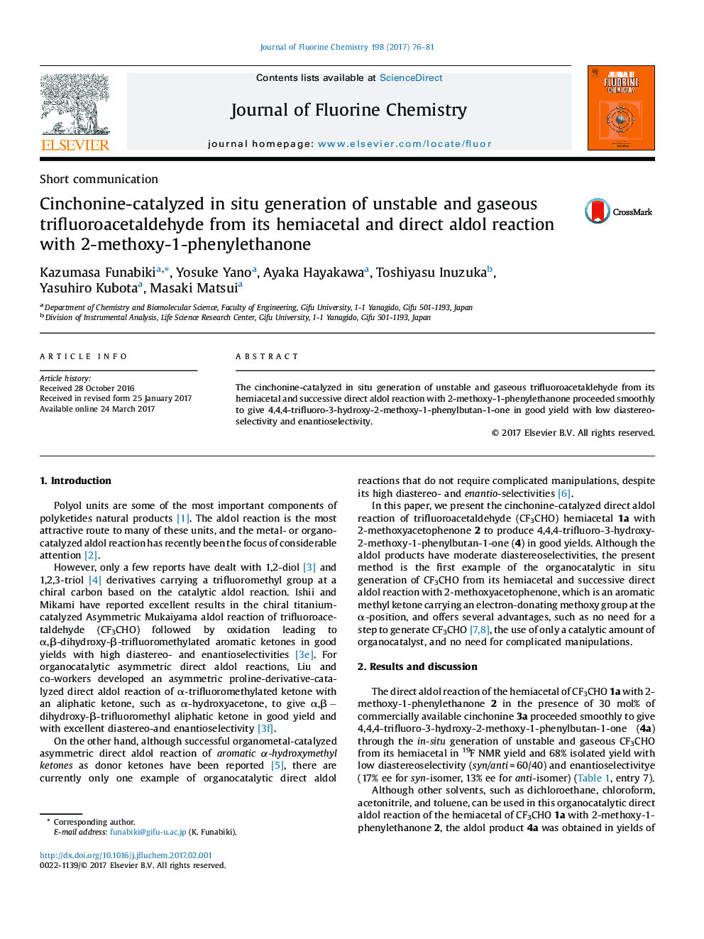 Cinchonine-catalyzed in situ generation of unstable and gaseous trifluoroacetaldehyde from its hemiacetal and direct aldol reaction with 2-methoxy-1-phenylethanone