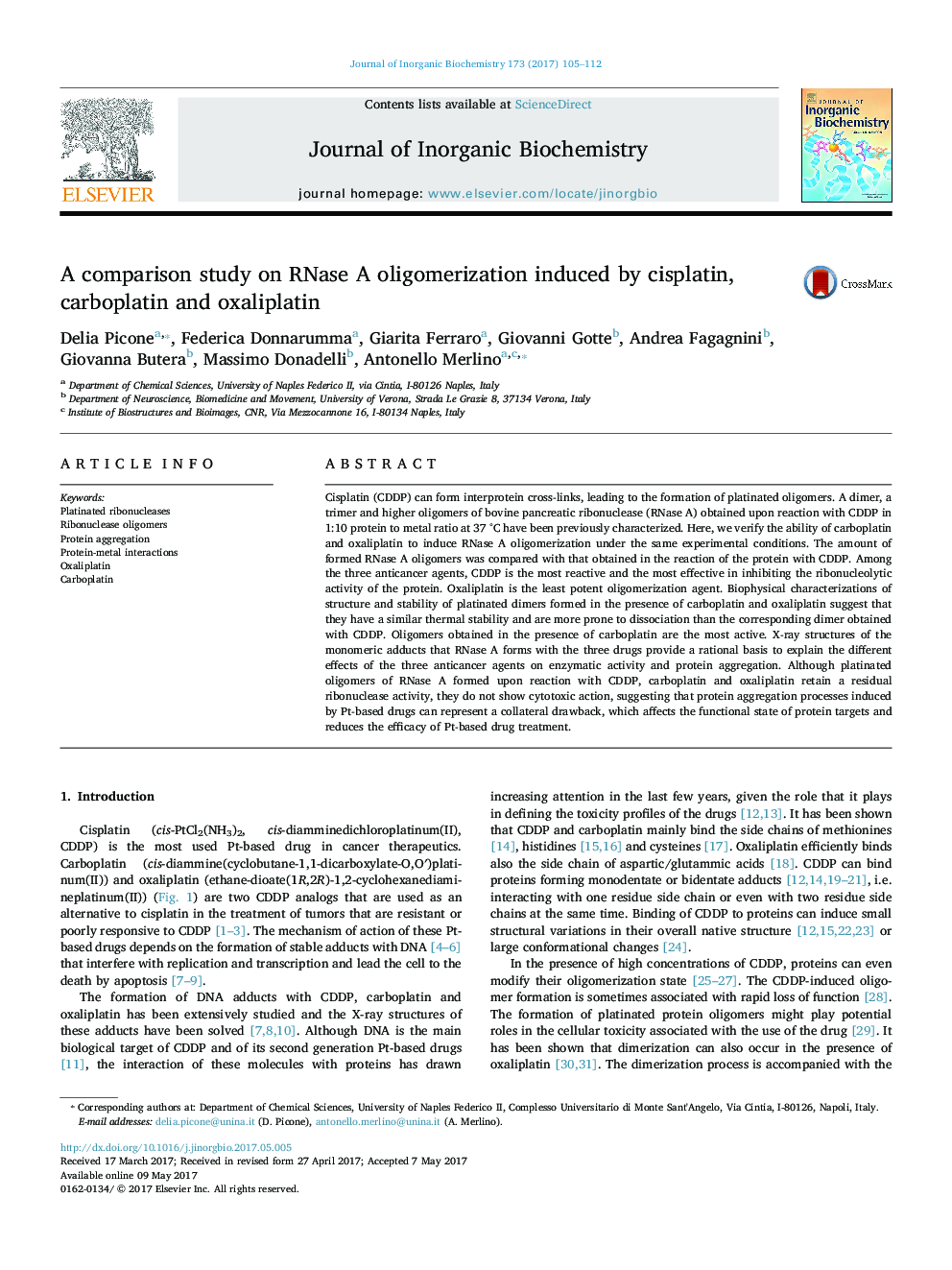 A comparison study on RNase A oligomerization induced by cisplatin, carboplatin and oxaliplatin
