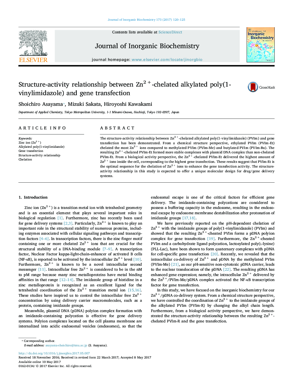 Structure-activity relationship between Zn2Â +-chelated alkylated poly(1-vinylimidazole) and gene transfection