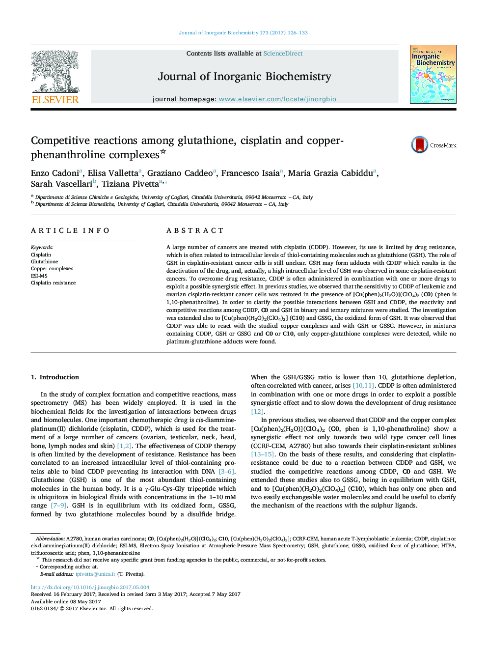 Competitive reactions among glutathione, cisplatin and copper-phenanthroline complexes