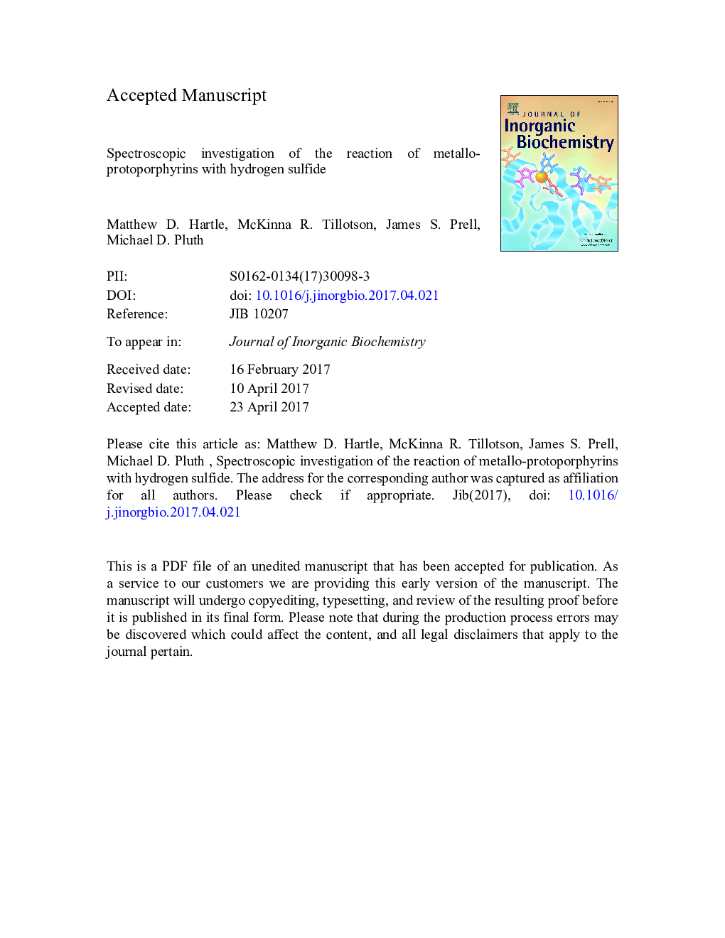 Spectroscopic investigation of the reaction of metallo-protoporphyrins with hydrogen sulfide