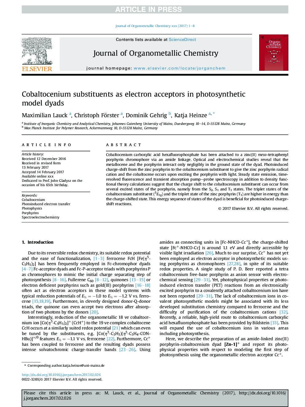 Cobaltocenium substituents as electron acceptors in photosynthetic model dyads