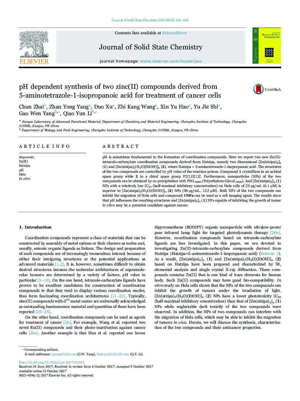 pH dependent synthesis of two zinc(II) compounds derived from 5-aminotetrazole-1-isopropanoic acid for treatment of cancer cells