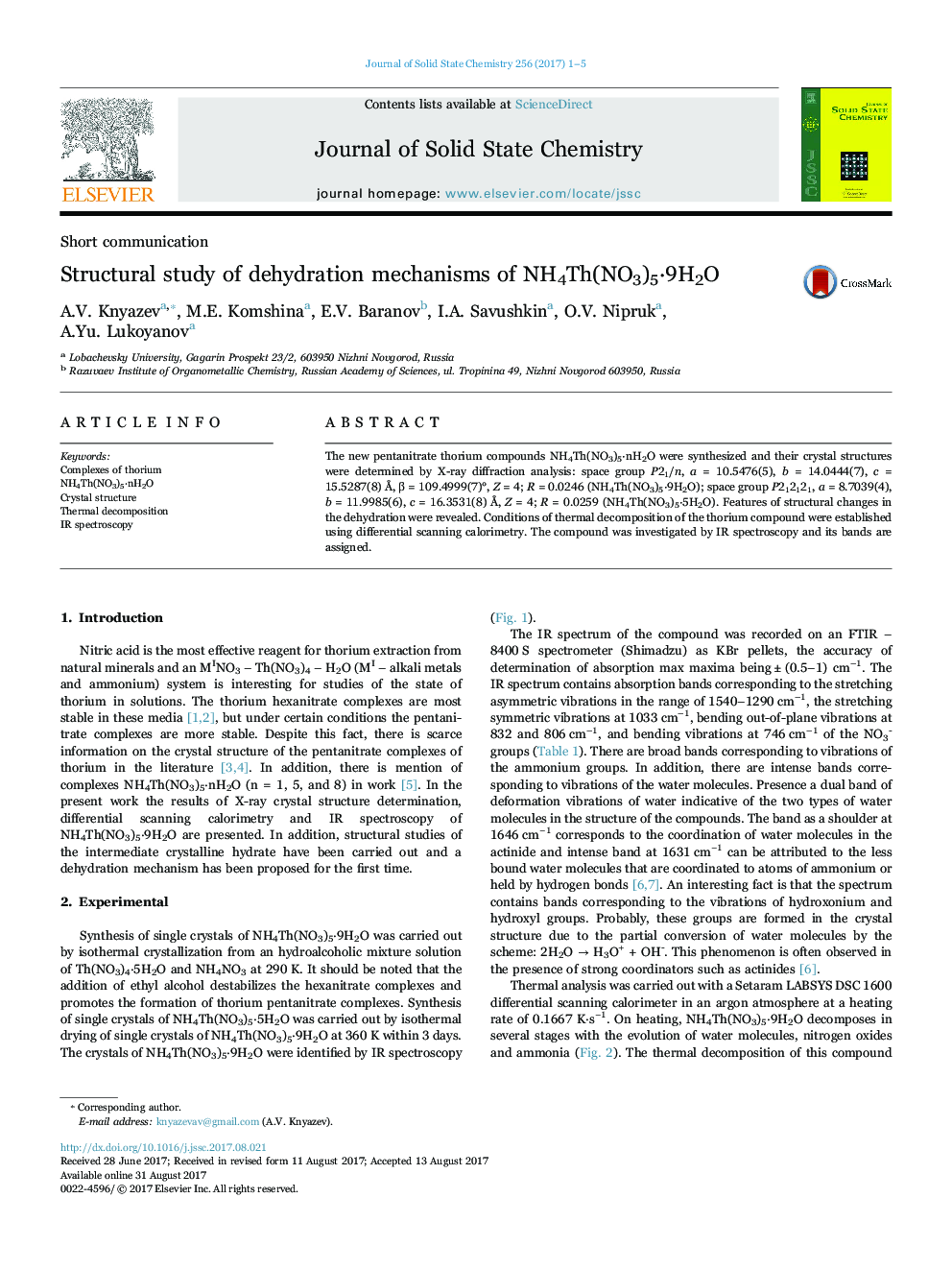 Structural study of dehydration mechanisms of NH4Th(NO3)5Â·9H2O