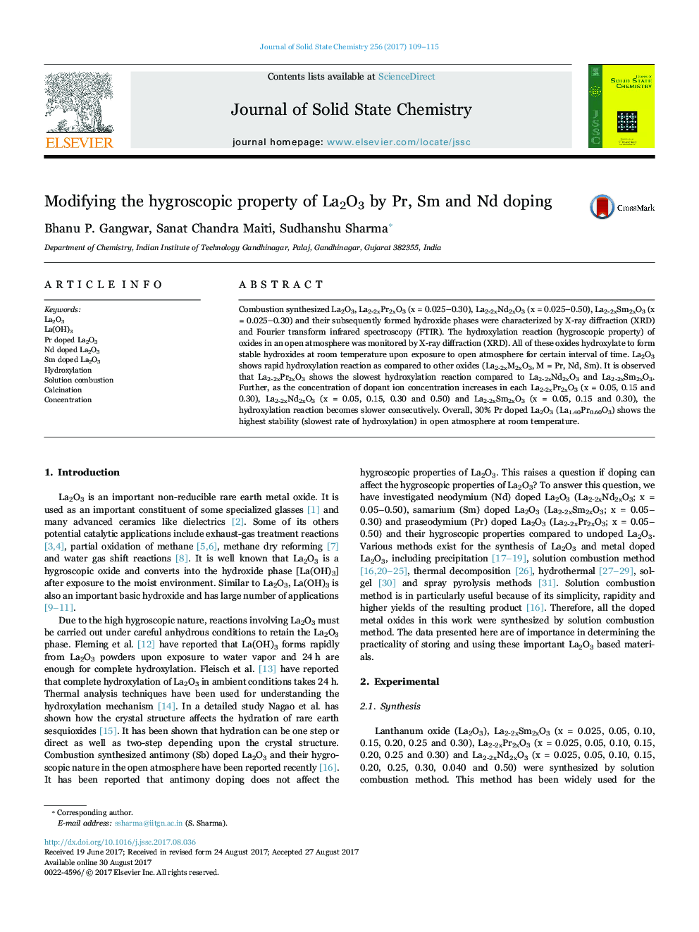 Modifying the hygroscopic property of La2O3 by Pr, Sm and Nd doping