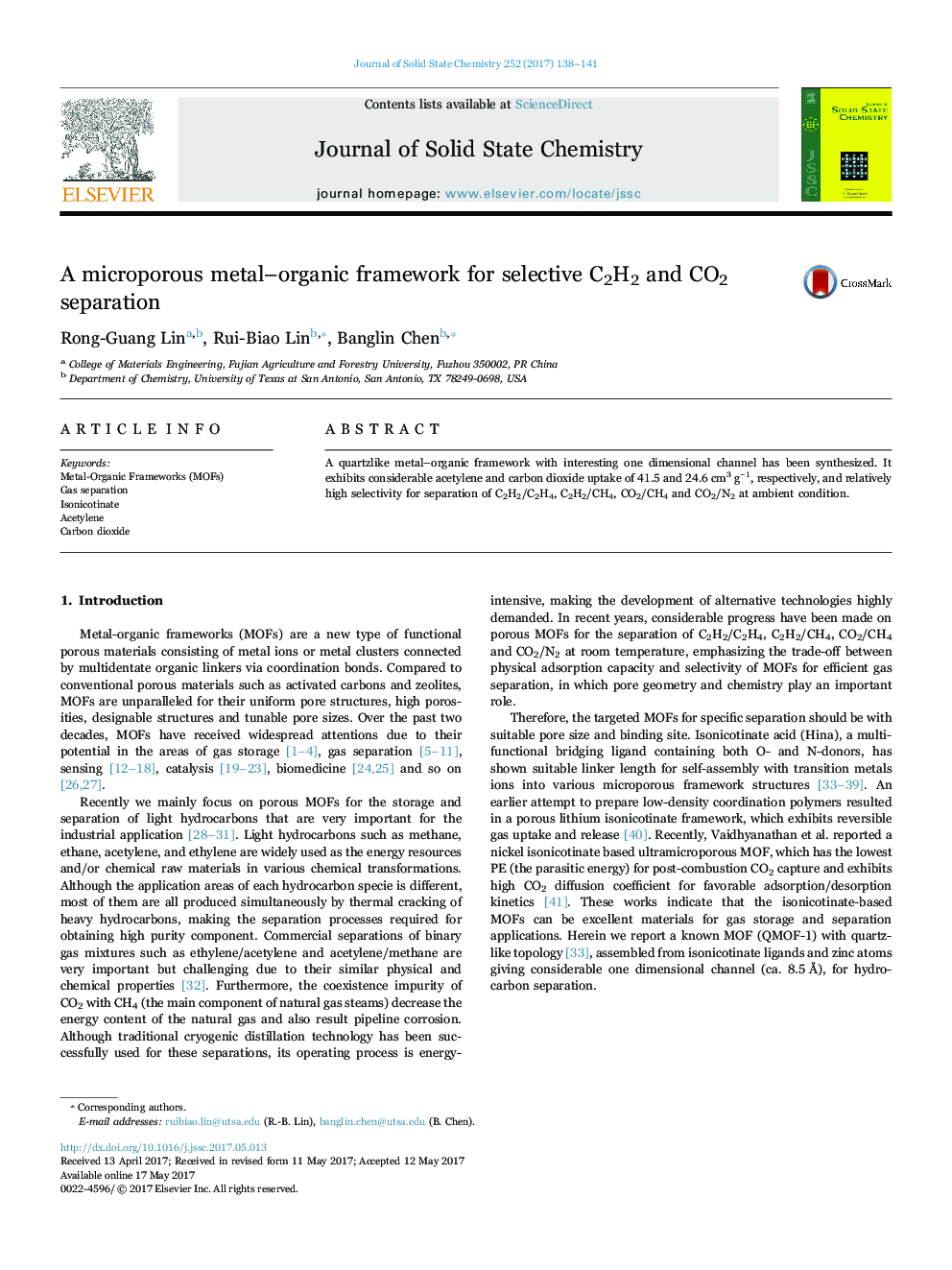 A microporous metal-organic framework for selective C2H2 and CO2 separation