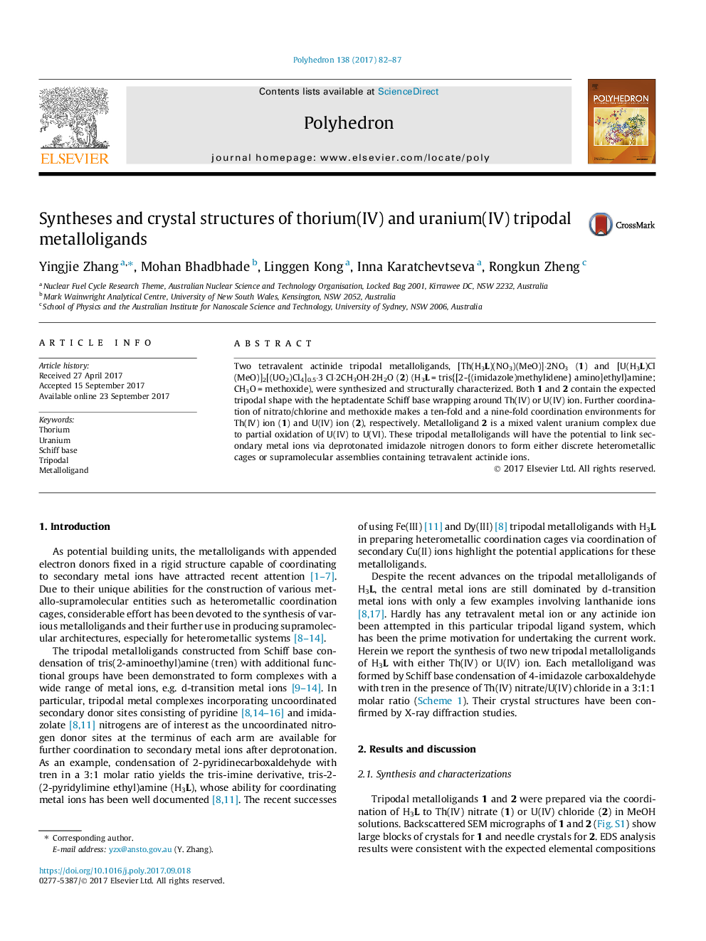 Syntheses and crystal structures of thorium(IV) and uranium(IV) tripodal metalloligands