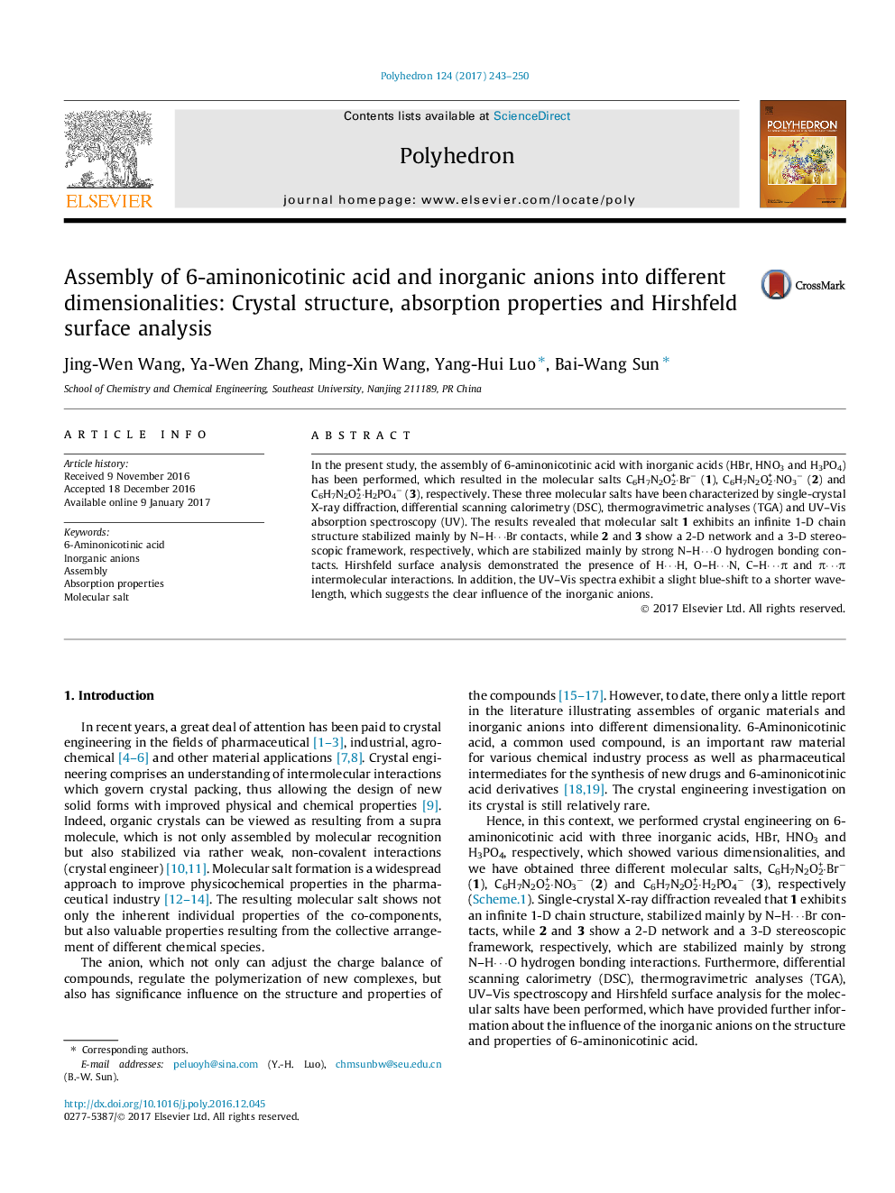 Assembly of 6-aminonicotinic acid and inorganic anions into different dimensionalities: Crystal structure, absorption properties and Hirshfeld surface analysis