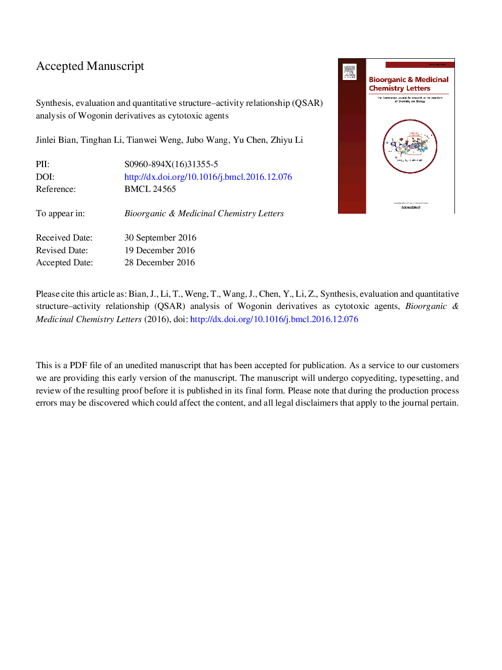 Synthesis, evaluation and quantitative structure-activity relationship (QSAR) analysis of Wogonin derivatives as cytotoxic agents